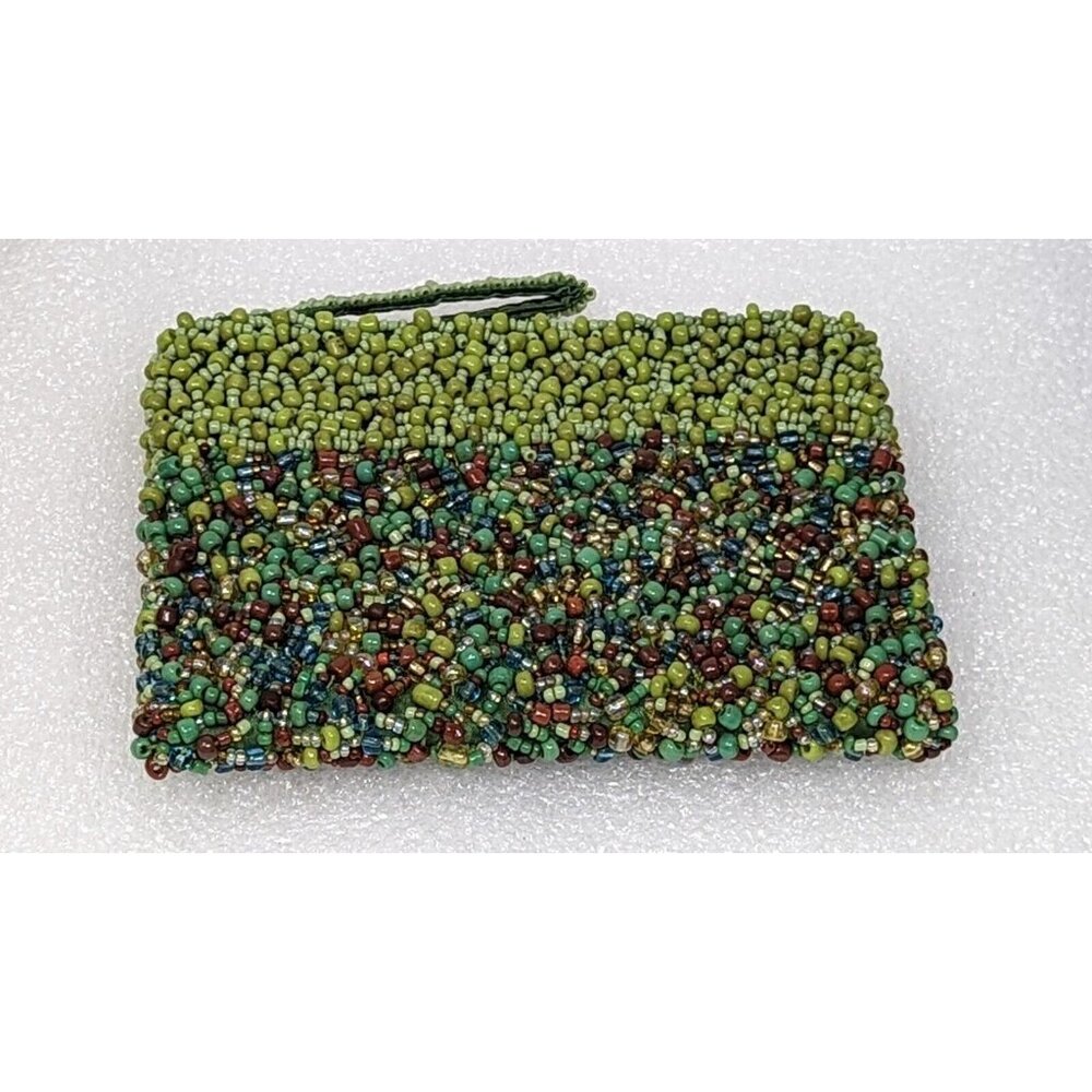 Vintage Wristlet Clutch Green Seed Bead Beaded Handbag Purse